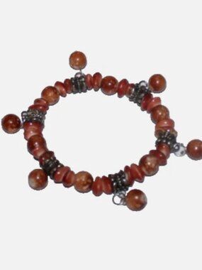 Red Brecciated Jasper Stretch Bracelet 7.5" Natural Gemstone Silver Floral Boho